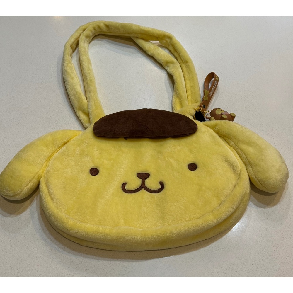 Sanrio Pompompurin Plush Tote Bag Yellow Fuzzy Character Shoulder Bag with Charm